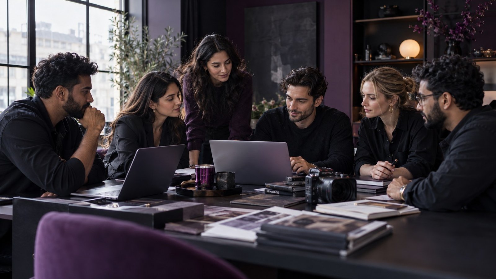 AI-generated illustrative scene of six marketing professionals collaborating in a creative studio